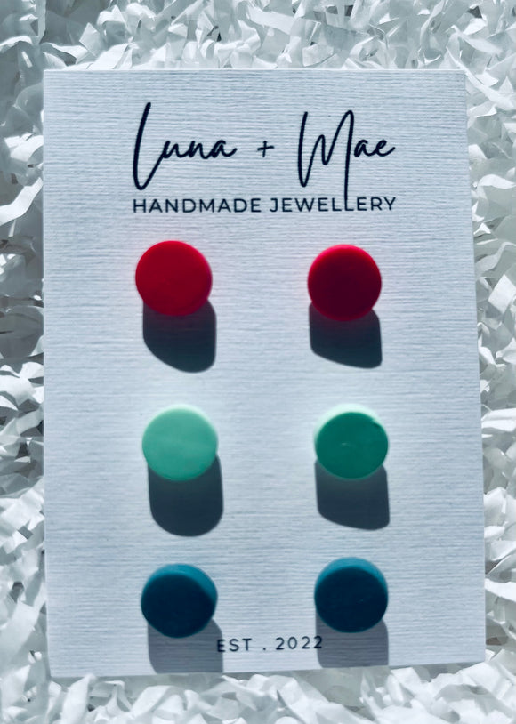 Luna + Mae Red, Mint and Teal Polymer Clay Mini Stud Triple Pack
