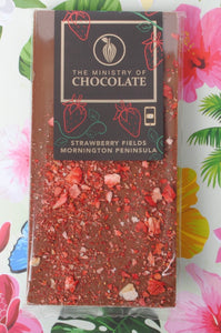 Ministry of Chocolate - Strawberry Fields Mornington Peninsula 100g Milk Chocolate Bar