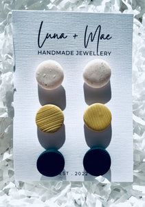Luna + Mae Cloud, Mustard and Black Polymer Clay Stud Triple Pack
