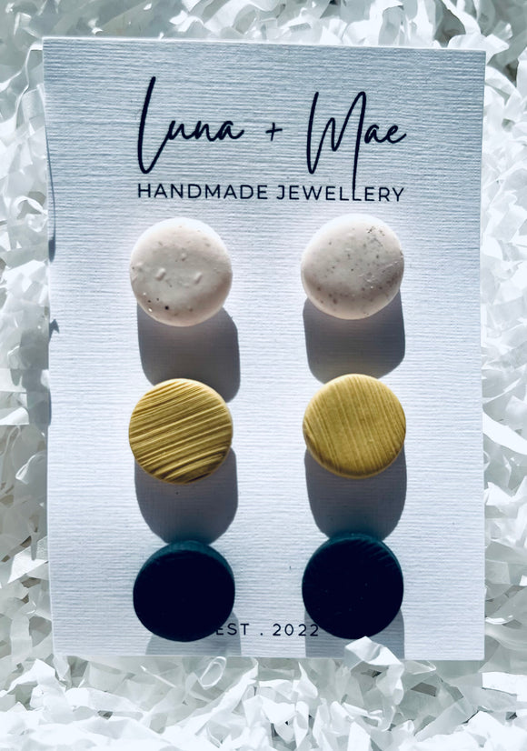 Luna + Mae Cloud, Mustard and Black Polymer Clay Stud Triple Pack
