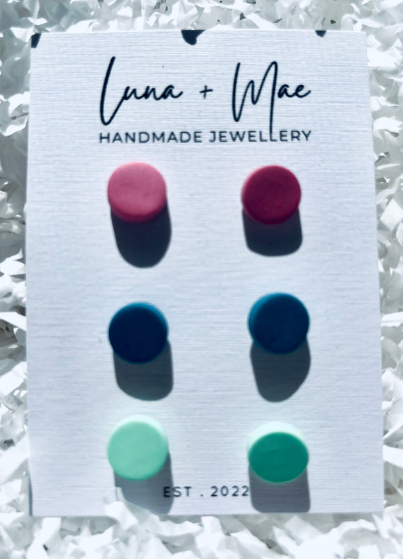 Luna + Mae Burgundy, Teal and Mint Polymer Clay Mini Stud Triple Pack
