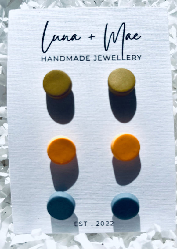 Luna + Mae Mustard, Orange and Grey Polymer Clay Mini Stud Triple Pack